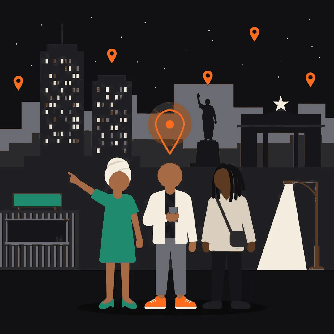 Three friends on an Accra street at night in front of the Nkrumah statue and Black Star Gate, one pointing ahead, map pins above.