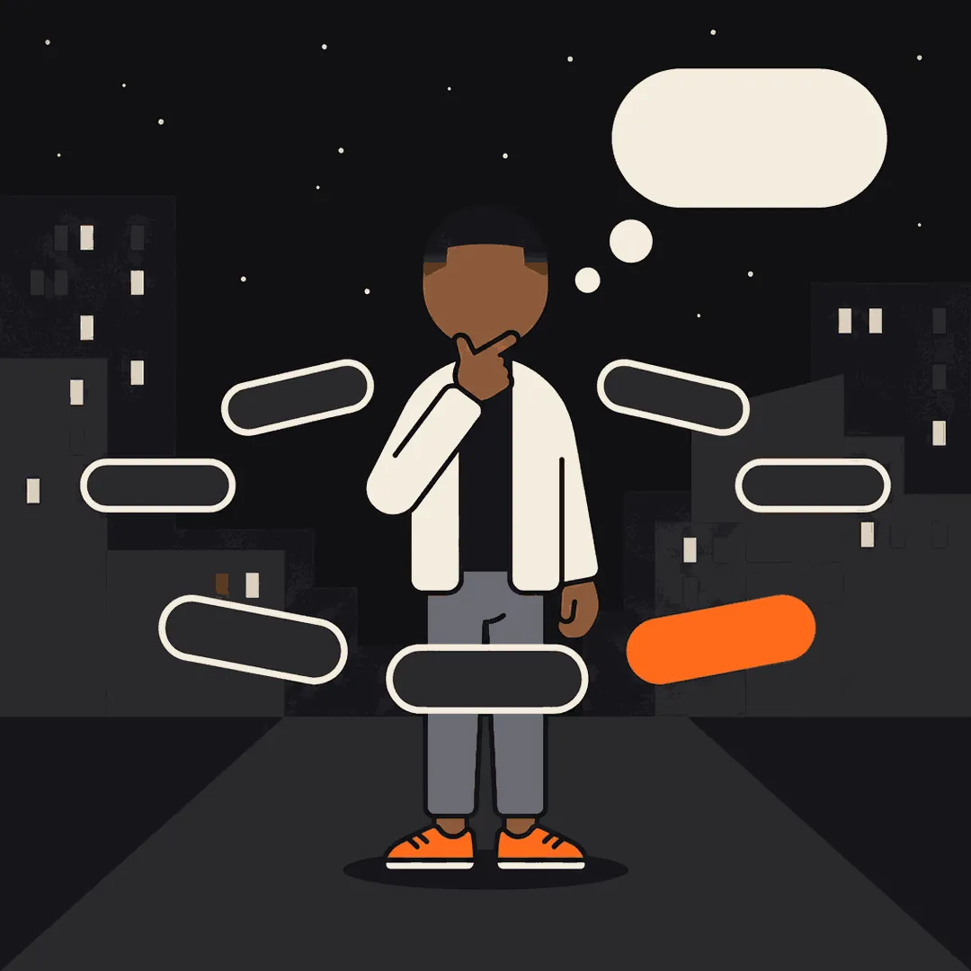 A person weighing up options, with one choice standing out in orange.